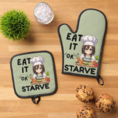 おもしろい食べか飢え 鍋つかみ&鍋敷きセット (トップダウン)