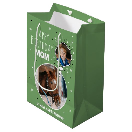 おもしろい馬ママ誕生日バ考えブラフォトグリーン ミディアムペーパーバッグ (正面アングル)