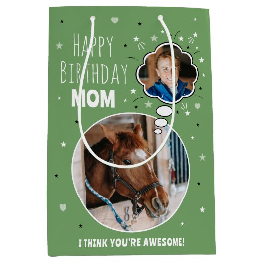 おもしろい馬ママ誕生日バ考えブラフォトグリーン ミディアムペーパーバッグ (正面)