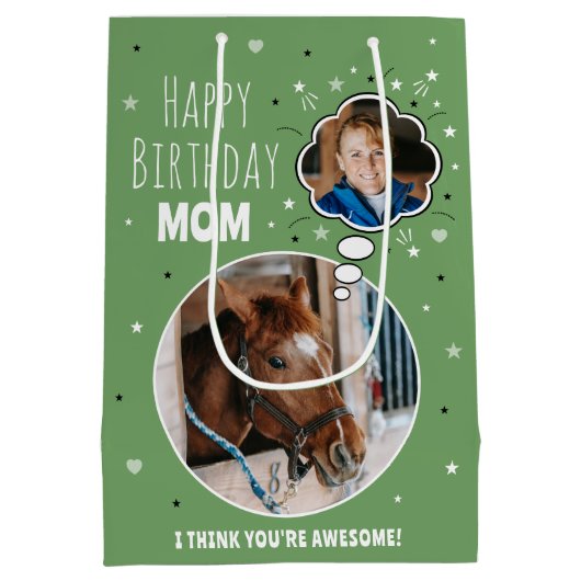 おもしろい馬ママ誕生日バ考えブラフォトグリーン ミディアムペーパーバッグ (裏面)