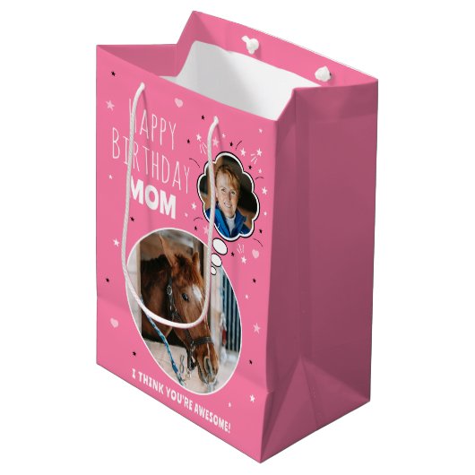 おもしろい馬ママ誕生日バ考えブラフォトピンク ミディアムペーパーバッグ (正面アングル)