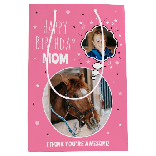 おもしろい馬ママ誕生日バ考えブラフォトピンク ミディアムペーパーバッグ (正面)