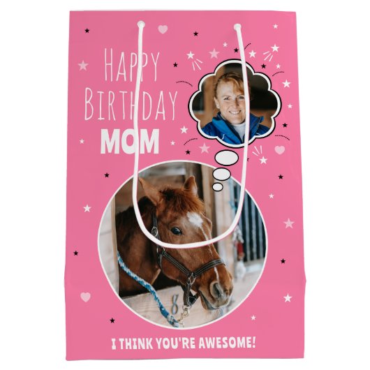 おもしろい馬ママ誕生日バ考えブラフォトピンク ミディアムペーパーバッグ (裏面)