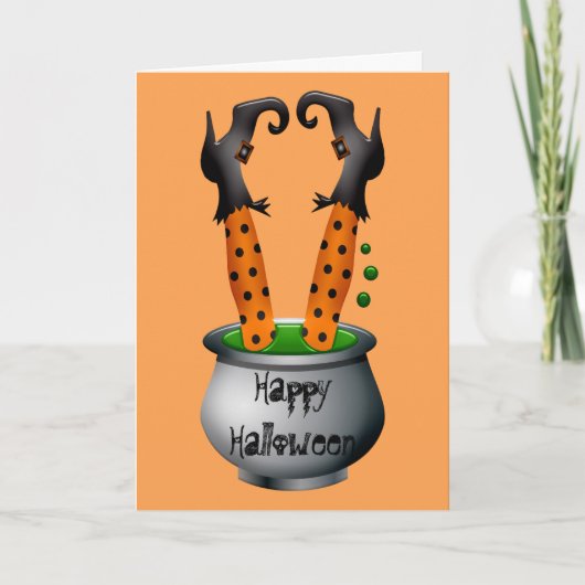 おもしろい魔女オレンジ ハロウィン テーマ カード (正面)