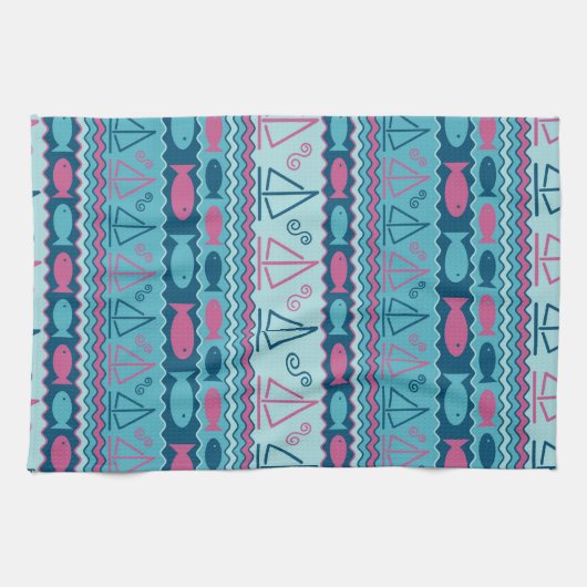 おもしろい魚すごい及び帆船模様 キッチンタオル (横)