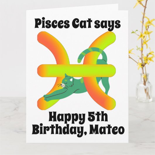 おもしろい魚座キャットパーソナライズされた誕生日 カード (黄色い花)