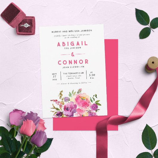 おもしろい鮮やかバイオレット明るい赤紫色フローラ 招待状