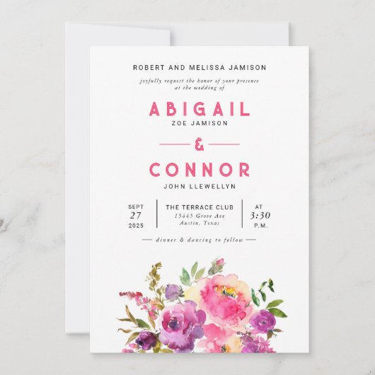 おもしろい鮮やかバイオレット明るい赤紫色フローラ 招待状 (正面)