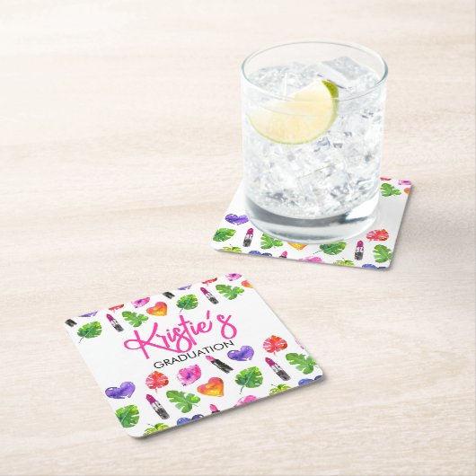 おもしろい鮮やか水彩口紅の卒業パーティー スクエアペーパーコースター (インサイチュ)