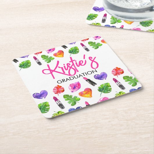 おもしろい鮮やか水彩口紅の卒業パーティー スクエアペーパーコースター (アングル)
