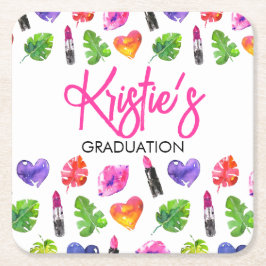 おもしろい鮮やか水彩口紅の卒業パーティー スクエアペーパーコースター