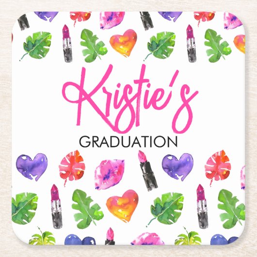 おもしろい鮮やか水彩口紅の卒業パーティー スクエアペーパーコースター (正面)