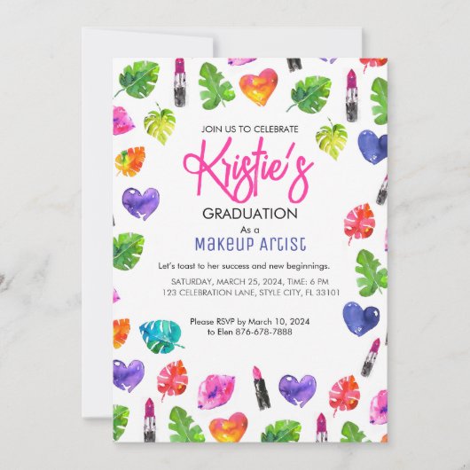 おもしろい鮮やか水彩口紅の卒業パーティー 招待状 (正面)