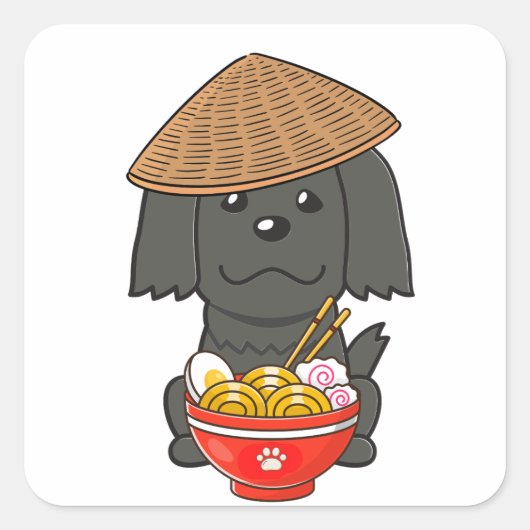 おもしろい黒犬は食べ物麺の麺 スクエアシール (正面)