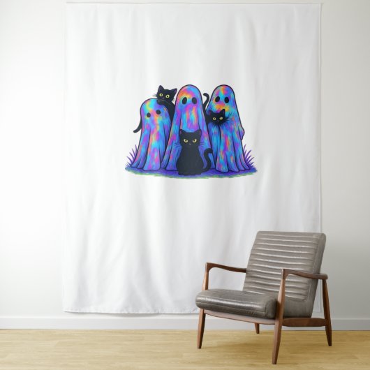 おもしろい黒猫と幽霊ハロウィーン必須T-Sh タペストリー (インサイチュ)