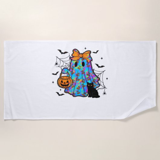 おもしろい黒猫と幽霊ハロウィーン必須T-Sh ビーチタオル (正面)