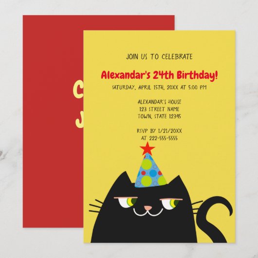 おもしろい黒猫の誕生日パーティー 招待状 (正面/裏面)