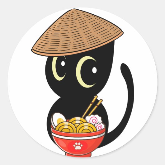 おもしろい黒猫は食べ物麺 ラウンドシール (正面)