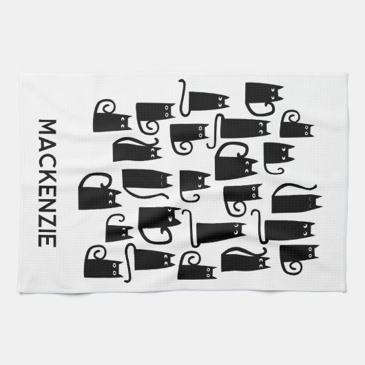 おもしろい黒猫パーソナライズされた名 キッチンタオル (横)