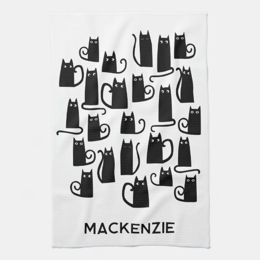 おもしろい黒猫パーソナライズされた名 キッチンタオル (縦)