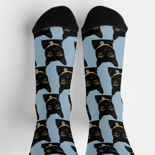 おもしろい黒猫フォトカスタムーほこりっぽいブルー ソックス (上部)