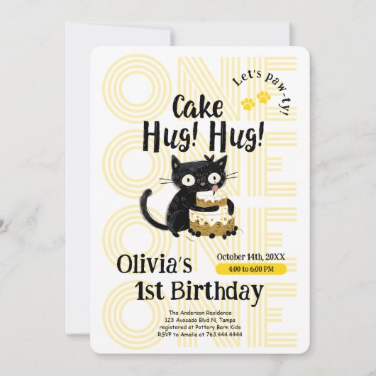 おもしろい黒猫1歳の誕生日パーティー 招待状 (正面)