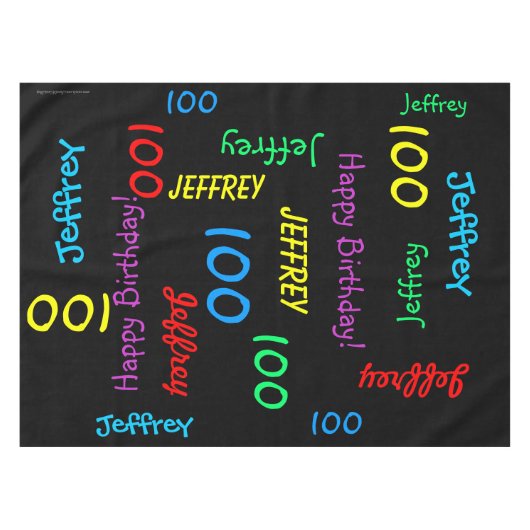 おもしろい100歳の誕生日パーティー、名前を黒で繰り返す テーブルクロス (正面(横))
