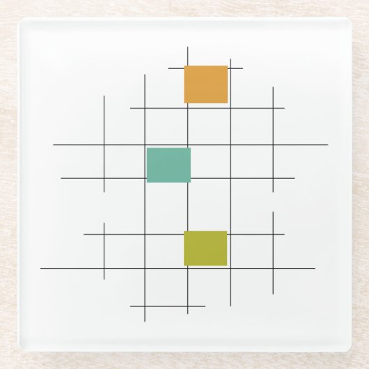 おもしろい1950年代の原子時代の線と正方形のミッドセンチュリー ガラスコースター (正面)