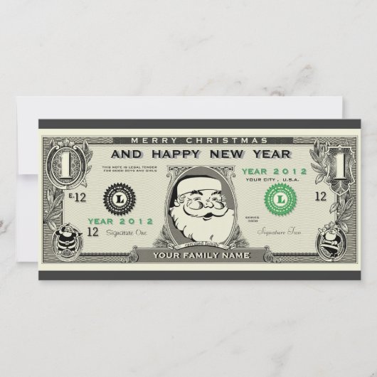 おもしろい1$サンタ、新年およびクリスマスフォトカード シーズンカード (正面)