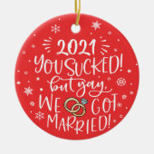 おもしろい2022吸得が写真と結婚した一緒に セラミックオーナメント (正面)