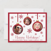 おもしろい3フォトコラージレッドバウブルオーナメントホリデー カード (正面)