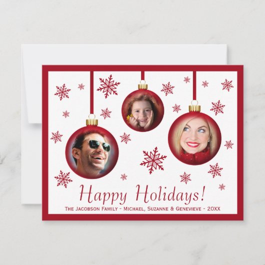 おもしろい3フォトコラージレッドバウブルオーナメントホリデー カード (正面)