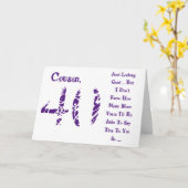 おもしろい40歳の誕生日いとこ紫と白の文字。 カード (黄色い花)