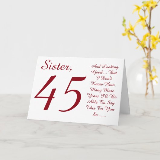 おもしろい45歳のお姉ちゃん、赤と白文字。 カード (黄色い花)