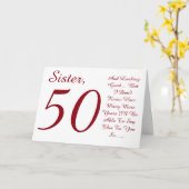 おもしろい50歳の誕生日お姉さん赤と白文字。 カード (黄色い花)