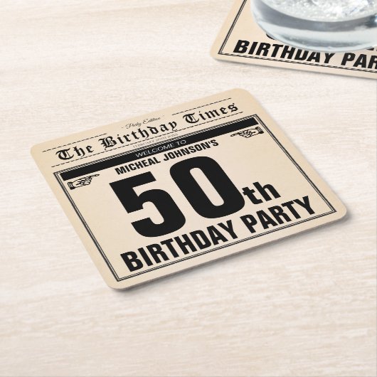 おもしろい50誕生日ヴィンテージオールド新聞カスタム新聞 スクエアペーパーコースター (アングル)