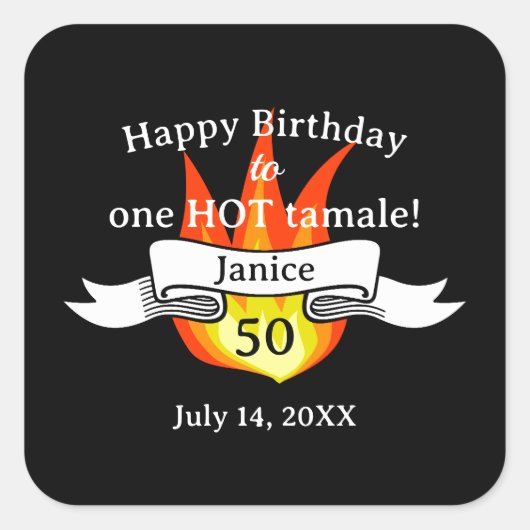 おもしろい50誕生日「熱いタマレおもしろい」 スクエアシール (正面)