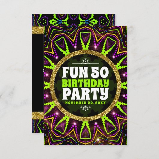 おもしろい50誕生日 | Energy Glow|Groovy Raveパーティー 招待状 (正面/裏面)