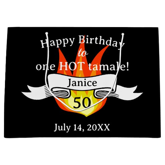 おもしろい50誕生日「Hot Tamale」撮パーソナライズされた影 ラージペーパーバッグ (正面)
