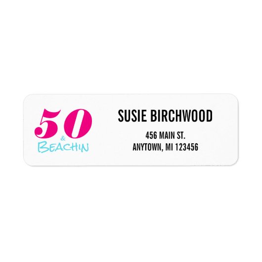 おもしろい50 & Beachinホットピンクアクアマリンブラック文字 ラベル (正面)