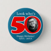 おもしろい50th red & blue自分の写真と名前を追加 缶バッジ (正面)