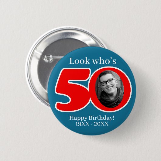 おもしろい50th red & blue自分の写真と名前を追加 缶バッジ (正面&裏面)