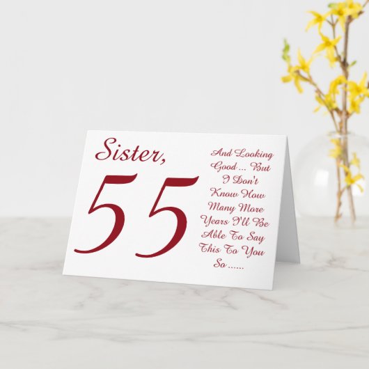 おもしろい55歳の誕生日お姉さん赤と白文字。 カード (黄色い花)