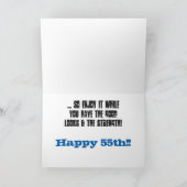 おもしろい55歳の誕生日、兄弟、青と白の文字。 カード (内部)