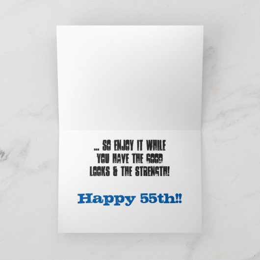 おもしろい55歳の誕生日、兄弟、青と白の文字。 カード (内部)