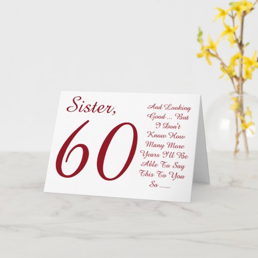 おもしろい60歳の誕生日お姉さん赤と白文字。 カード (黄色い花)