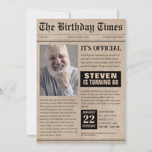 おもしろい60歳の誕生日新聞表紙写真 招待状 (正面)