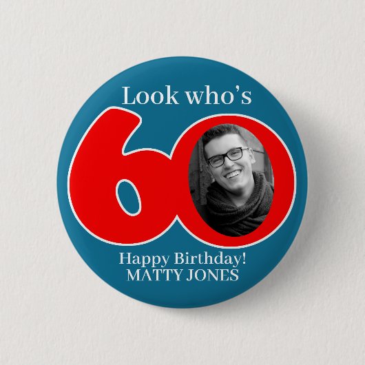 おもしろい60th red & blue自分の写真と名前を追加 缶バッジ (正面)