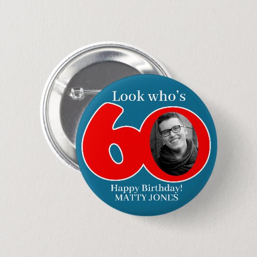 おもしろい60th red & blue自分の写真と名前を追加 缶バッジ (正面&裏面)