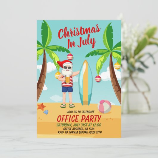 おもしろい7月のクリスマスサンタクロースビーチ 招待状 (スタンド正面)